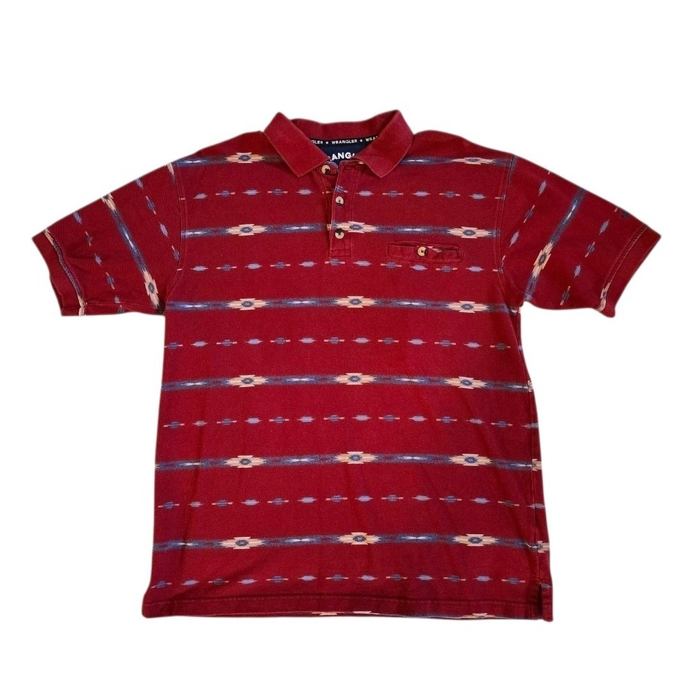 Wrangler Western Shirts Aztec Polo Shirt Mens Medium Red Southwest Pattern